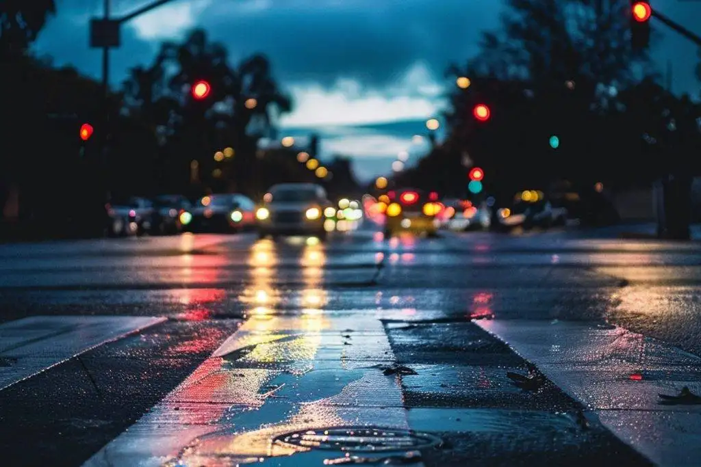 busy roads at dusk in San Bernardino next to a pedestrian crossing