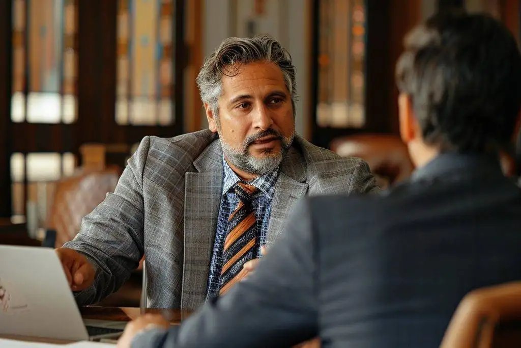 a male retaliation lawyer in Huntingdon beach discussing a case with a client at a desk