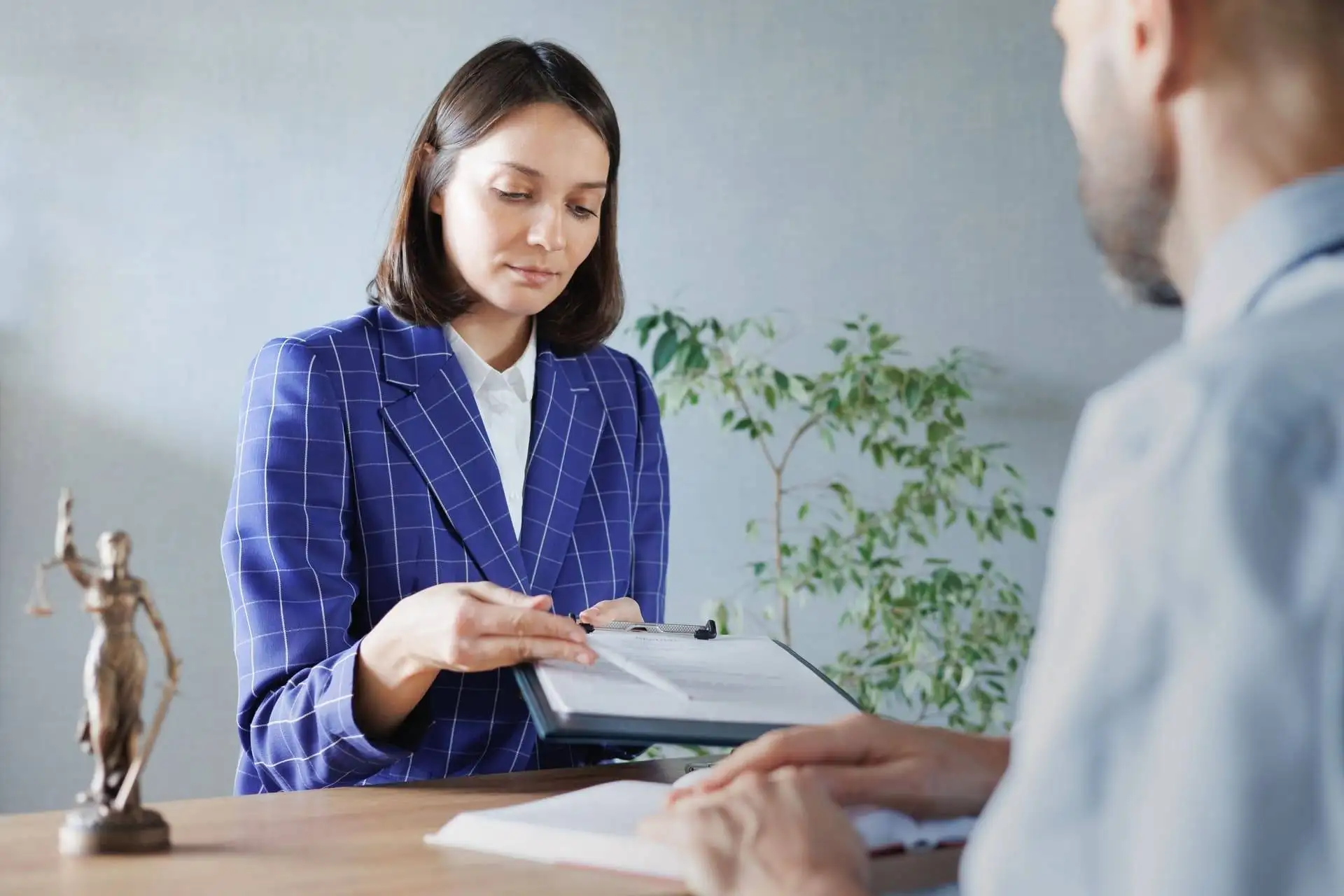 Female lawyer showing documents to a client at a desk