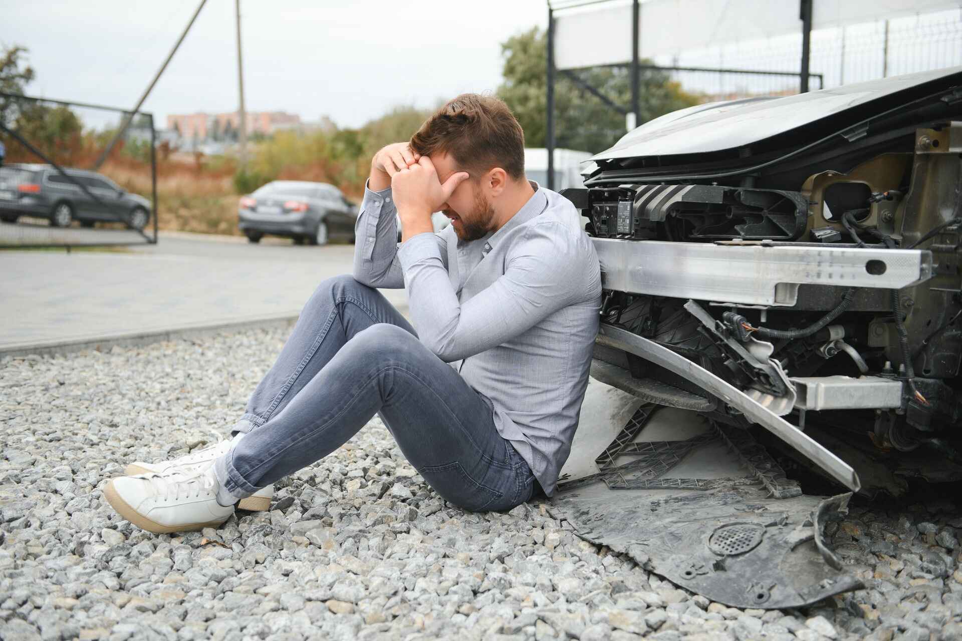 man sitting by the car after car accident