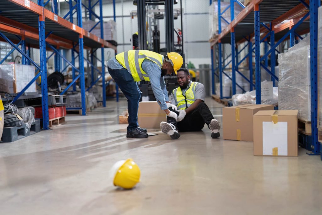 staff member on warehouse floor with an injury